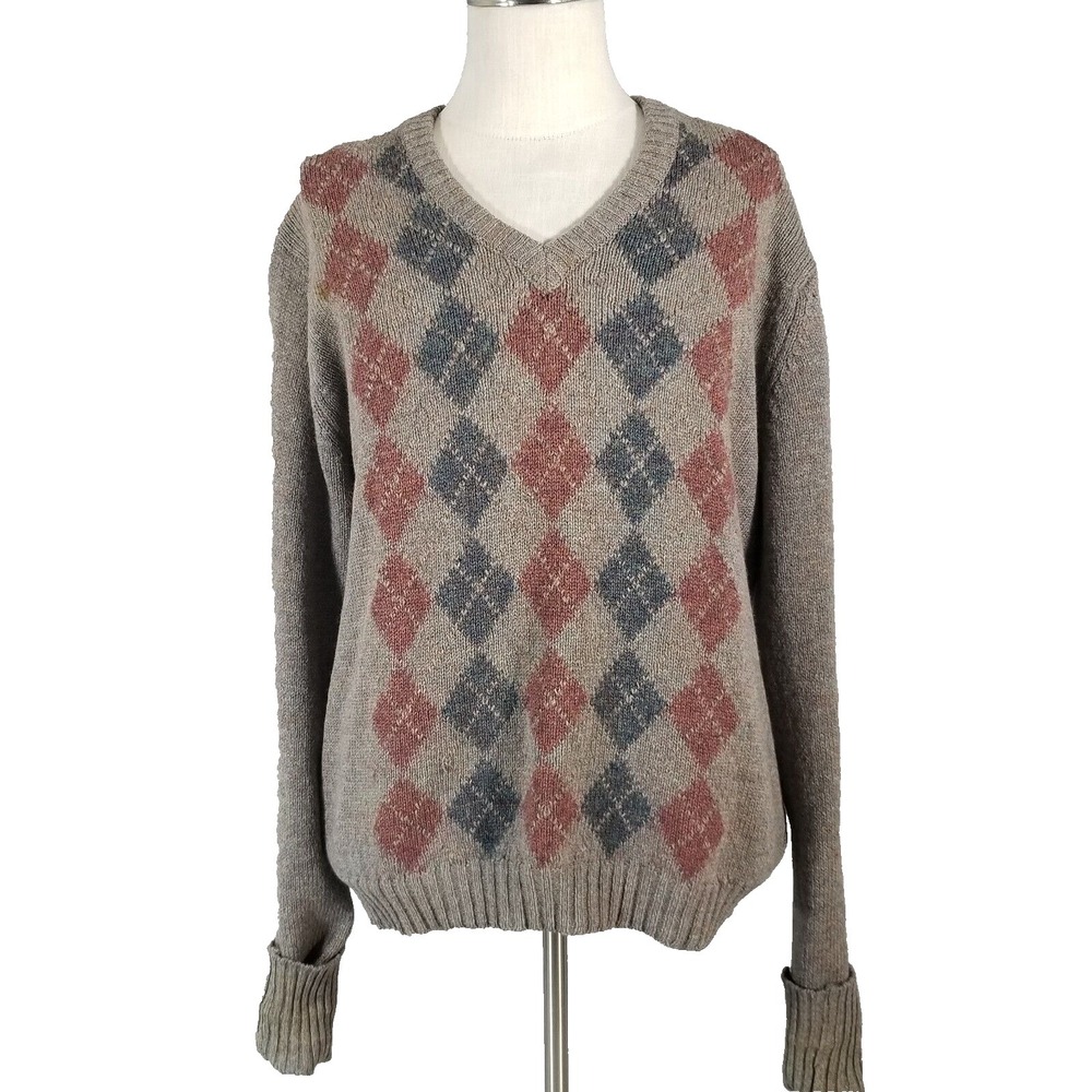 Vintage Lord Jeff Sweater Mens XL Argyle Shetland Wool Brown Ireland